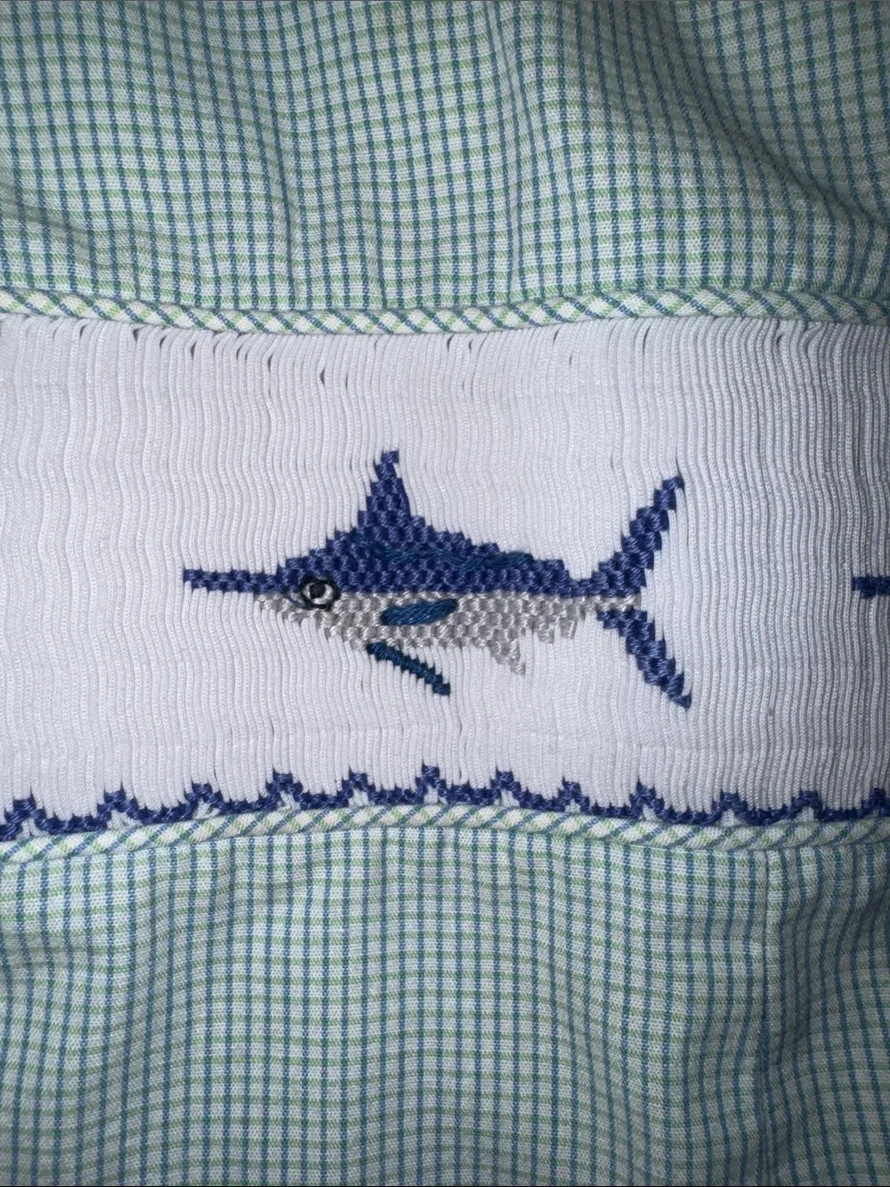 Green Check Boys' One-Piece Smocked Shortall with Navy Swordfish Embroidery